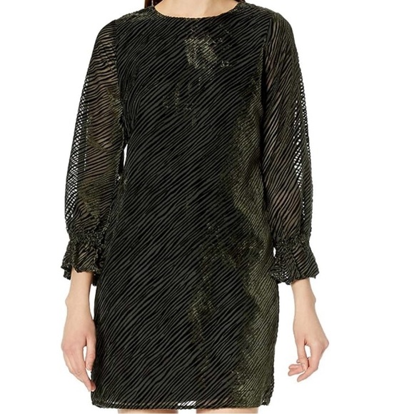 Sam Edelman Shift Dress Large Burnout Velvet Zebra Green Long Sheer‎ Sleeves - Picture 1 of 15